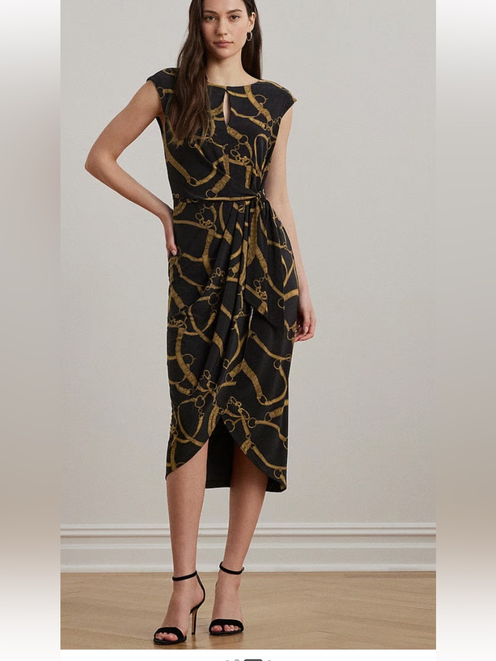 Lauren Ralph Lauren Black Midi Dress with Gold Chain Print